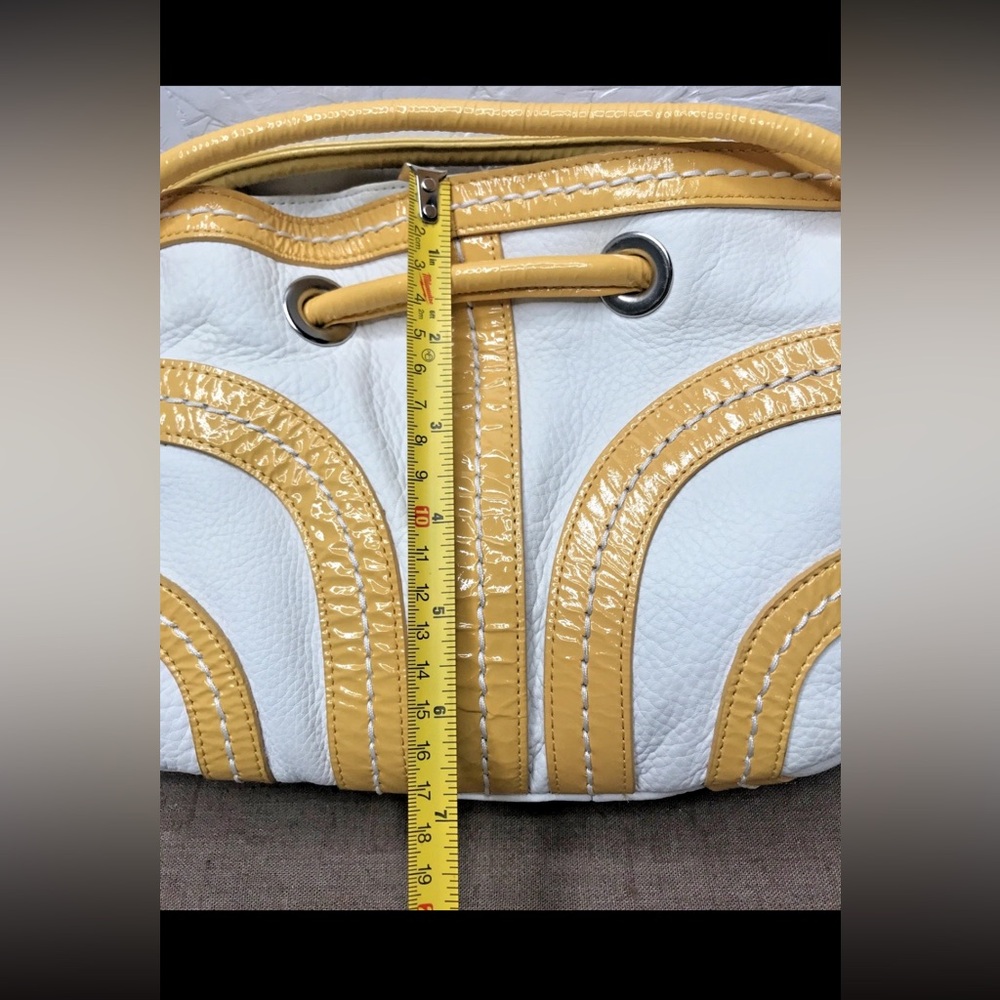 Kate Landry Yellow Patent Leather Cream Leather Top Handle Clutch Purse Handbag - Picture 15 of 16
